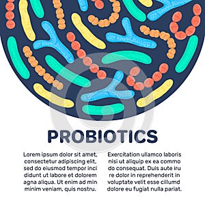 Vector background with probiotics in semicircular shape. Bifidobacterium, lactobacillus, streptococcus thermophilus