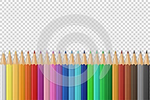 Vector background with realistic 3D wooden colorful colored pencils or crayons on transparency grid background with