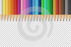 Vector background with realistic 3D wooden colorful colored pencils or crayons on transparent background with space for