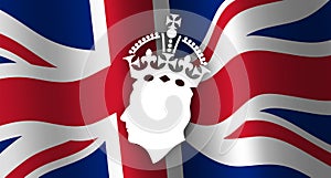 Vector Background with Realistic UK Flag and Profile of British King Charles III with Crown. Illustration for English