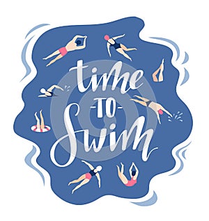 Vector background in scandinavian style swimmers in and lettering - Time to travel. Hand drawn print.