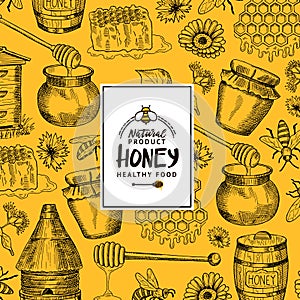 Vector background with sketched contoured honey theme elements with logo or badge for hone shop or farm