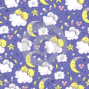 Vector background with sleeping bunny and bears, moon, hearts, clouds and stars.