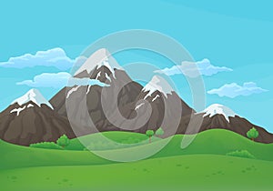 Vector background. Snowy mountain range with green fields, hills and blue sky with clouds.