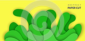 Vector background with splash water paper cut shapes in green and yellow color. 3D abstract paper art style, design layout