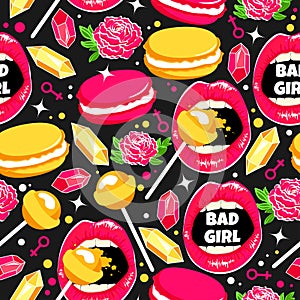 Vector background in style pop art with food and lips. Bad girl.