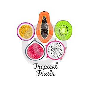 Vector background with tropical fruits. Pitahaya or pitaya , kiwi, passion fruit, fig, papaya. Creative artistic style