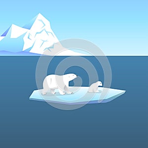 Vector background with two polar bears, she-bear and teddy bear