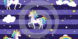 Vector background with unicorns, rainbow, constellations and other elements.