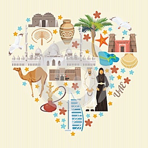 Vector background of United Arab Emirates. Heart shape. UAE flyer with modern buildings and mosque in light style.