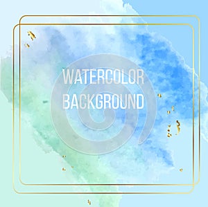 Vector background of watercolor splash texture is isolated.Hand-drawn blot, spot with gold frame and glitter. Abstract background