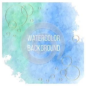 Vector background of watercolor splash texture is isolated.Hand-drawn blot, spot with golden circles. Abstract background of blue