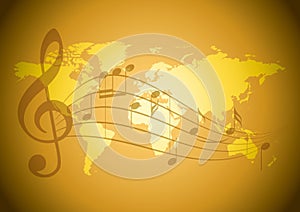 vector background with wavy music notes and yellow world map - golden banner