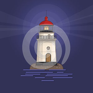 Vector background with white lighthouse at night