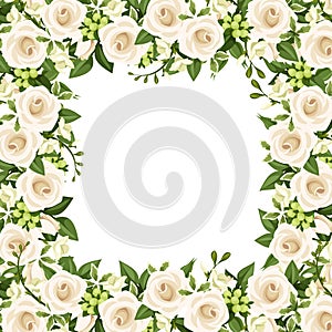 Vector background with white roses and freesia flowers.