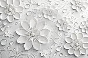 Vector background with white round flowers and drops in 3D style