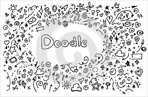 Vector background with the word Doodle and a background around it a set of different small geometric elements around in