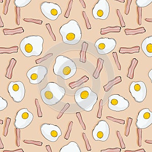 Vector bacon and eggs illustration. Breakfast meal in cafe pattern. Morning traditional omelette food. Early background