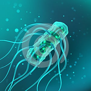 Vector of bacterium, salmonella typhosa with flagella microscopic. Medical, scientific microbe and germ, turquoise