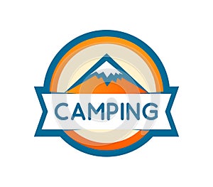 Vector badge round shape of Mountains Camping or Expedition photo