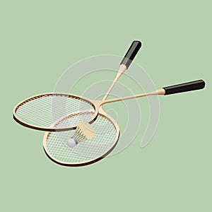 Vector badminton set. Classic wooden racquets rackets and a shuttlecock.