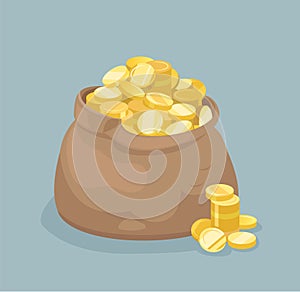 Vector bag with coins. Flat style