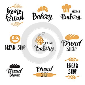 Vector Bakery, dessert shop or bakehouse logo set, tag or label design. Text and symbols on white background. Home baking logotype