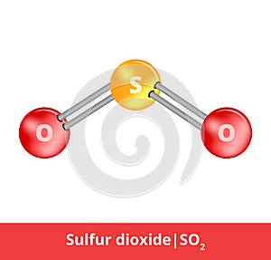 Vector ball-and-stick model of chemical substance. Icon of sulfur dioxide molecule SO2 consisting of sulfur and oxygen.