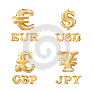 Vector balloon gold Dollar, Euro, Pound and Yen currency icons.