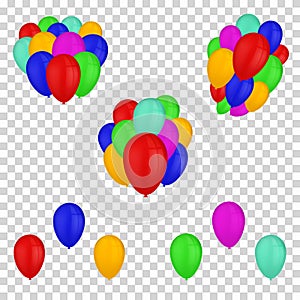 Vector balloons isolated on transparent background. Bunches of colorful air balloons for decoration