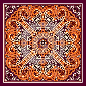 Vector bandana print with paisley ornament. Cotton or silk headscarf, kerchief square pattern design, oriental style