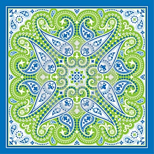Vector bandana print with paisley ornament. Cotton or silk headscarf, kerchief square pattern design, oriental style