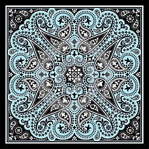 Vector bandana print with paisley ornament. Cotton or silk headscarf, kerchief square pattern design, oriental style