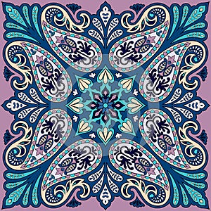 Vector bandana print with paisley ornament. Cotton or silk headscarf, kerchief square pattern design, oriental style