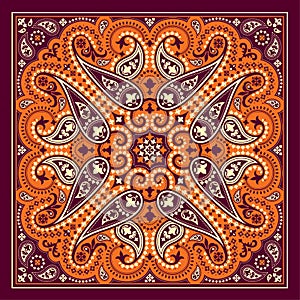 Vector bandana print with paisley ornament. Cotton or silk headscarf, kerchief square pattern design, oriental style photo