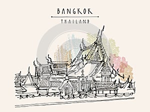 Vector Bangkok, Thailand, postcard in retro style. Wat Suthat Buddhist temple in the Thai capital Krungthep Mahanakorn. Travel