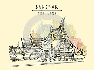 Vector Bangkok, Thailand, postcard in retro style. Wat Suthat Buddhist temple in the Thai capital Krungthep Mahanakorn. Travel