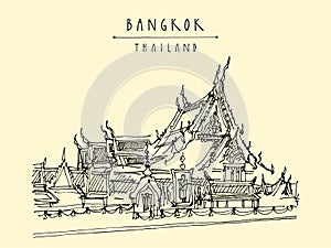 Vector Bangkok, Thailand, postcard in retro style. Wat Suthat Buddhist temple in the Thai capital Krungthep Mahanakorn. Travel