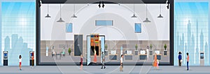 Vector of a bank office with clients and employees working inside