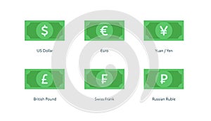 Vector banknote money flat icon illustration. Set of world currency as dollar, euro, pound, frank, yuan and yen isolated on white