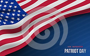 Vector banner with American flag and text Patriot Day on dark blue background.