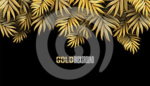 Vector banner with black and gold tropical leaves on a dark background.