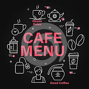 Vector banner with Cafe Menu text and various icons on black background