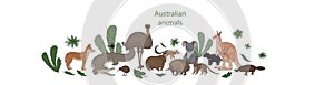 Vector banner, cartoon cute Australian animals with leaves and flowers. Quoll, redback spider, kiwi, numbat, platypus