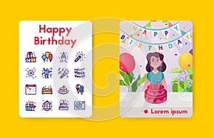 Vector banner celebrate birthday, linear icon set