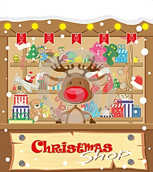 Vector banner Christmas shop wih Deer and gifts, toys, dolls, present box and lamp garlands with flags