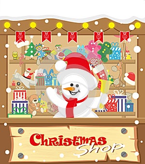 Vector banner Christmas shop wih Snowman and gifts, toys, dolls, present box and lamp garlands with flags