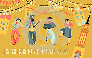 Vector banner for the country music festival with funny dancers and a musician with a guitar on the background of the cityscape