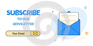 Vector banner of email marketing. Subscription to newsletter, news, offers, promotions. A letter in an envelope. Buttons
