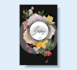 Vector banner with flowers and tropical leaves